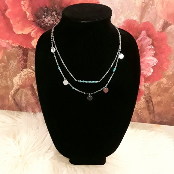 D17 NEW Silvetone BOHO Turquoise Necklace - Picture 2 of 4